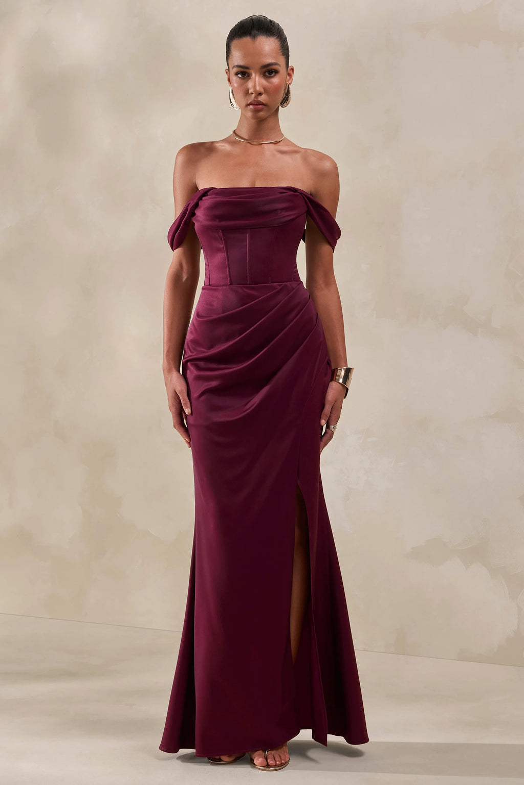 Celinea | Burgundy Satin Bardot-Neck Maxi Dress With Front-High Split
