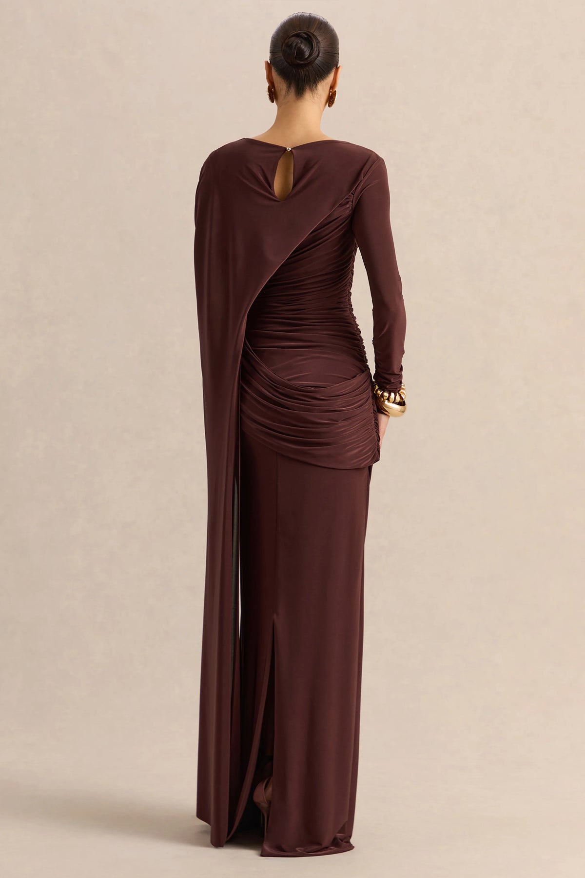Orintha | Brown Slashed-Neck Maxi Dress With Cape And Gold-Detail