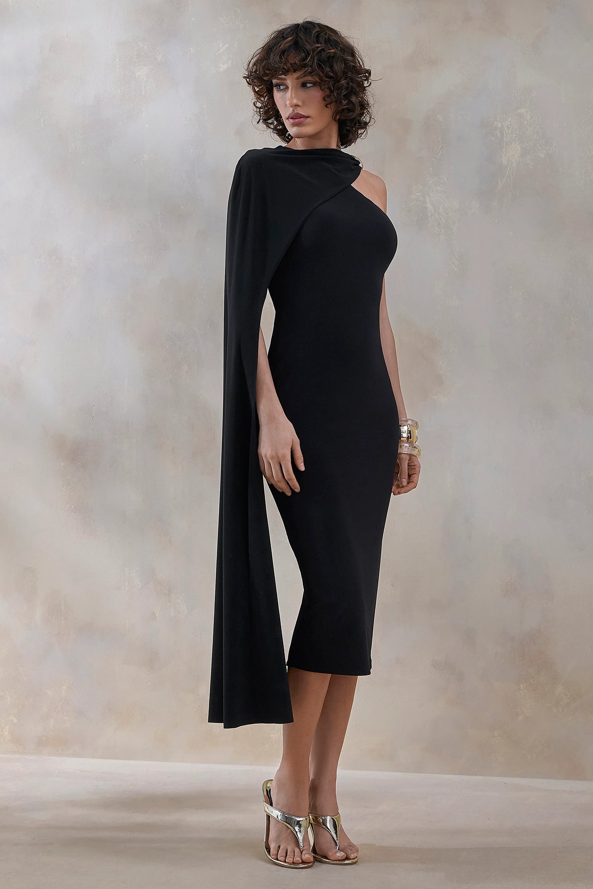 Misoria | Black High-Neck Midi-Dress With Cape-Sleeve