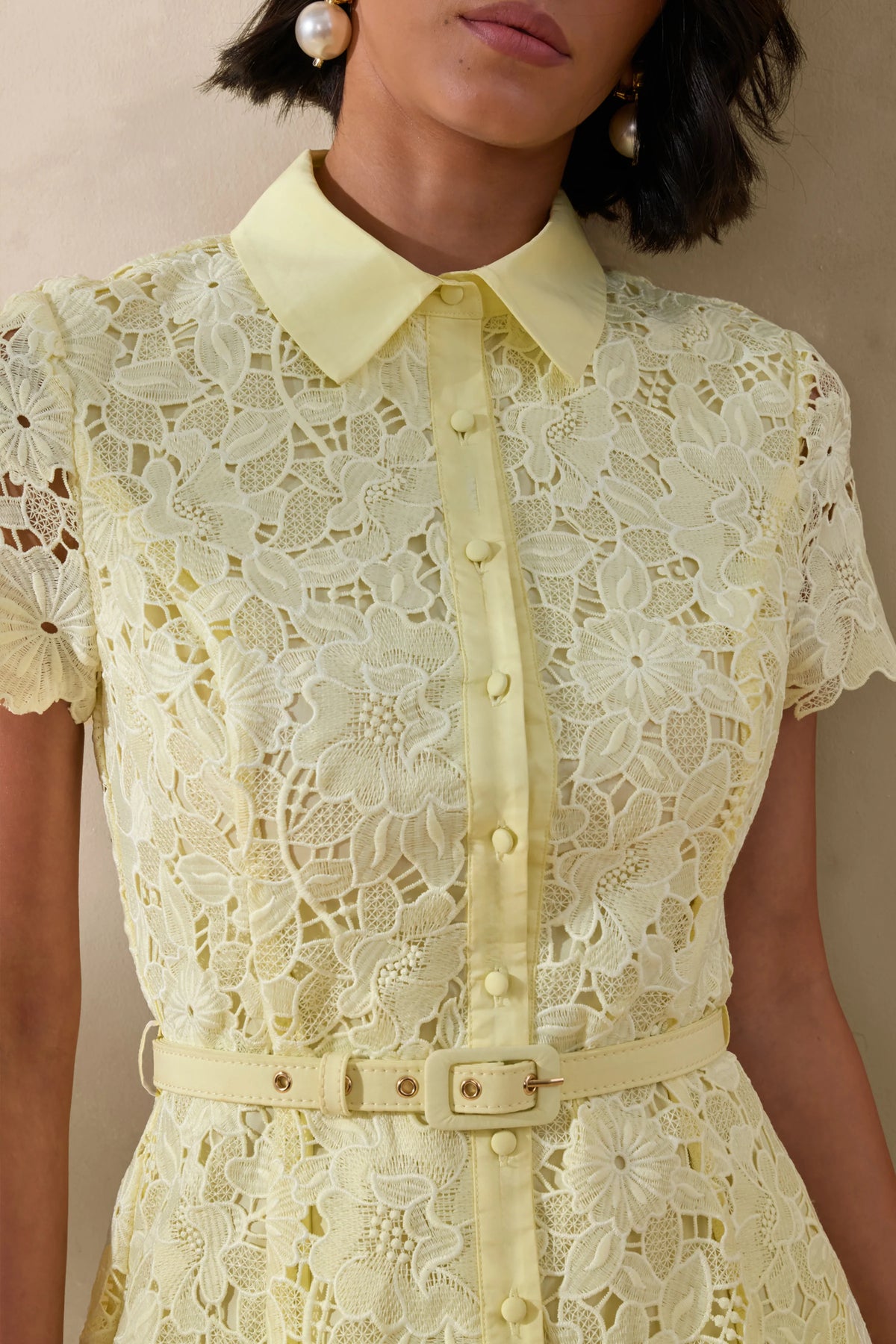 Zalie | Yellow Lace High-Neck Belted Midi Dress