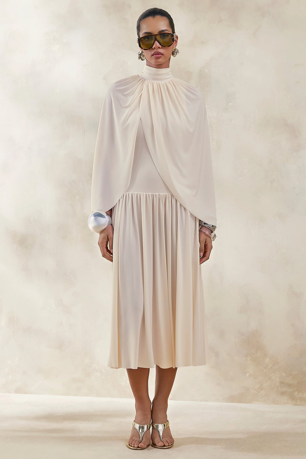 Honora | Cream High-Neck Midi Dress With Cape-Sleeves