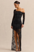 Orlania | Black Lace Asymmetric-Neck Maxi Dress With Asymmetric-Hem