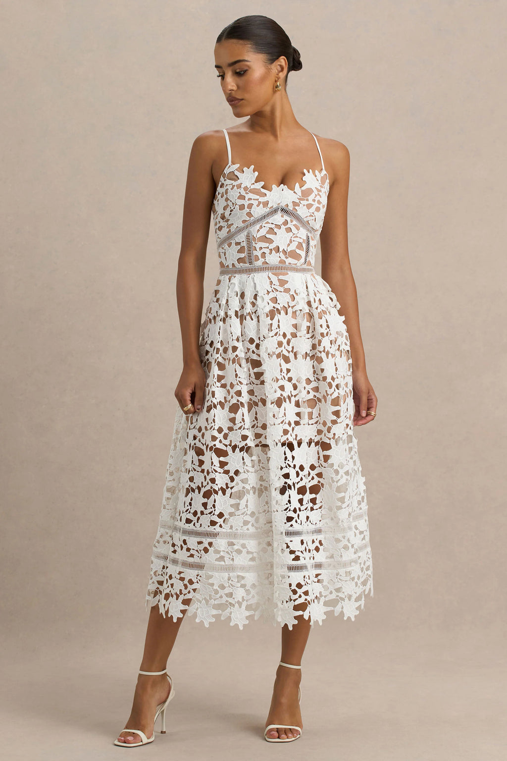Zuri | White Lace Sweetheart Midi Dress With Cami Straps