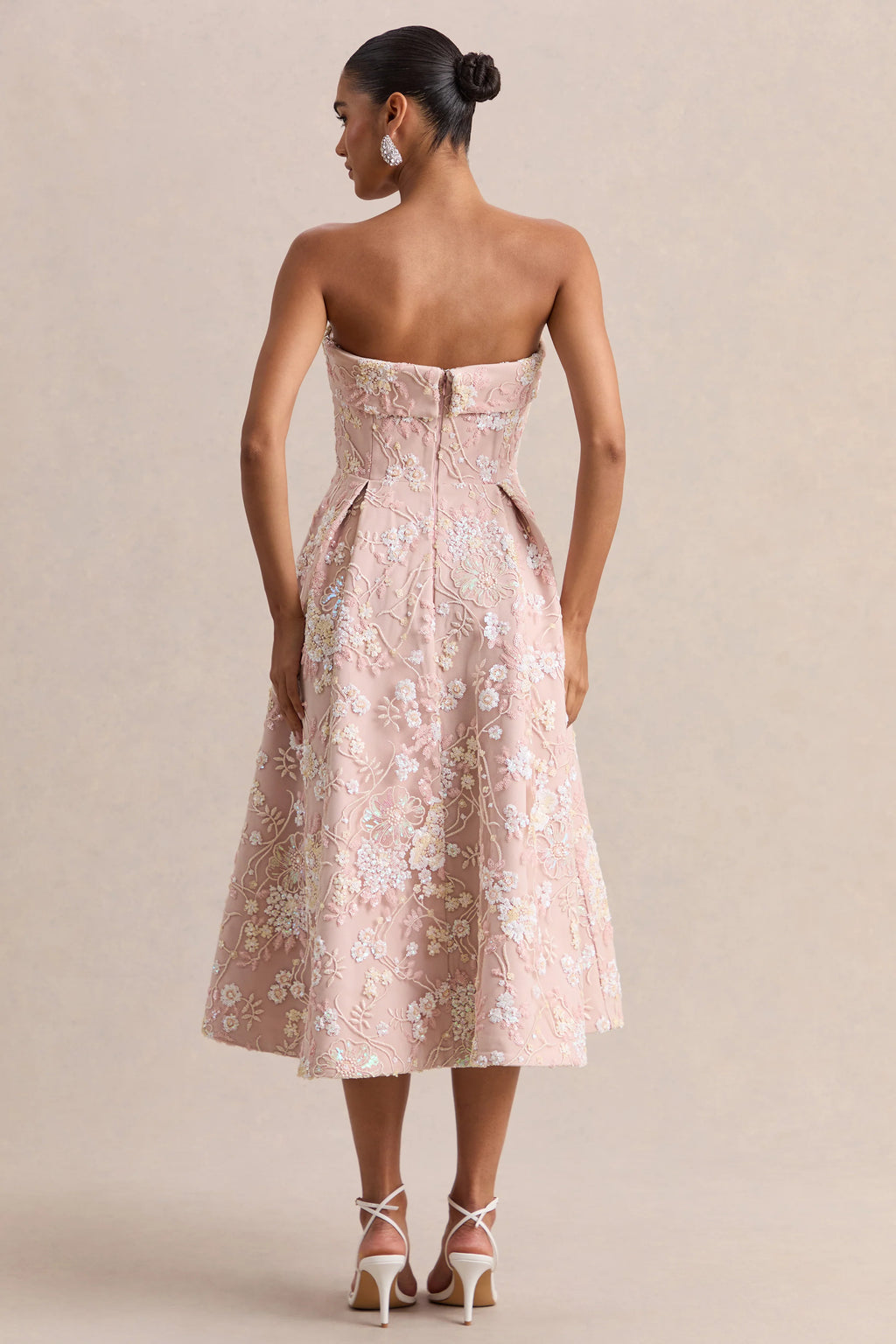 Amaris | Pink Embellished Floral Bandeau Skater Midi Dress