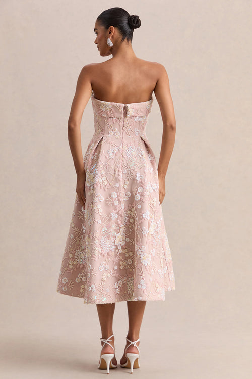 Amaris | Pink Embellished Floral Bandeau Skater Midi Dress