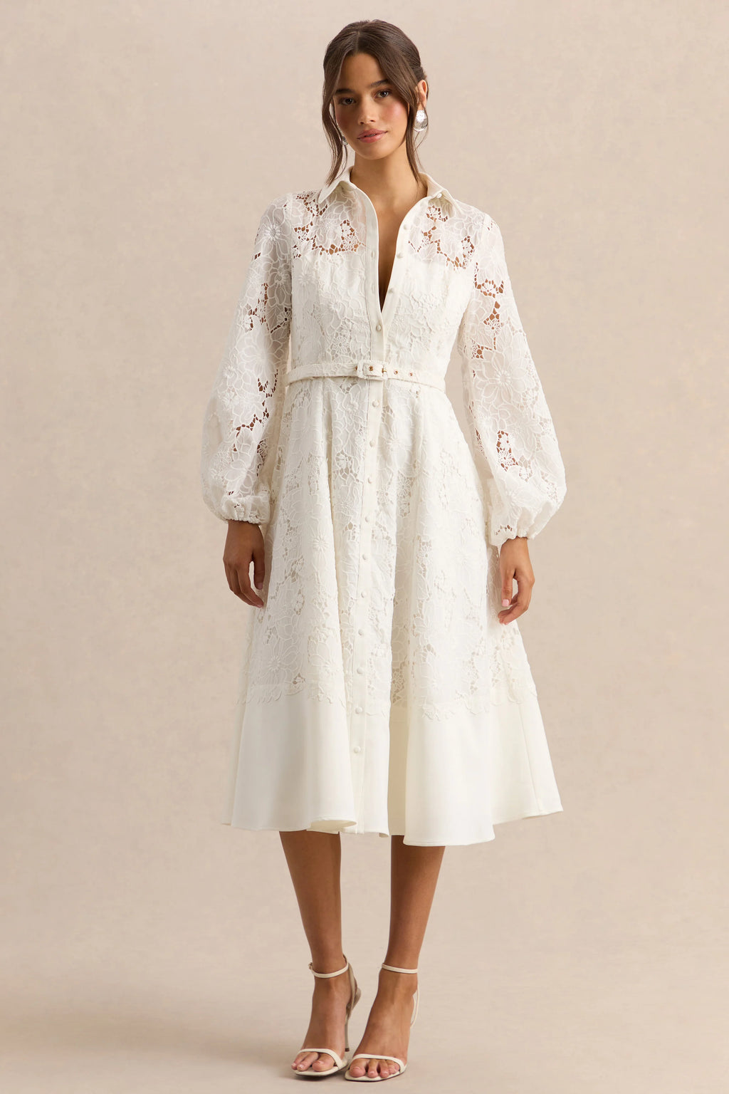 Jules | Cream Broderie High-Neck Tailored Midi Dress With Puff-Sleeves