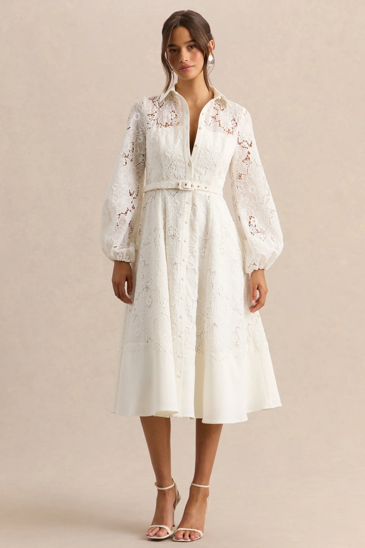 Jules | Cream Broderie High-Neck Tailored Midi Dress With Puff-Sleeves