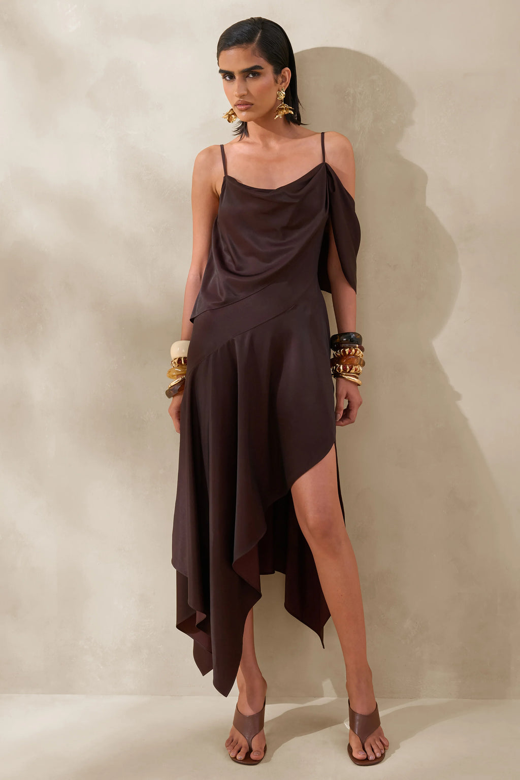 Helira | Brown Asymmetric Midi Dress With Draping Detailing and Open-Back