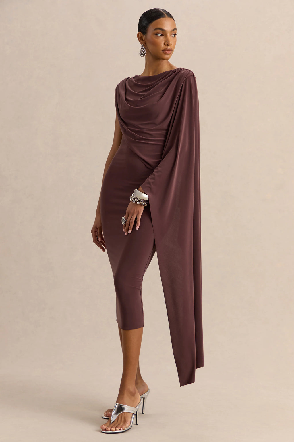 Kamoria | Brown Round-Neck Midi Dress With Cape-Sleeve