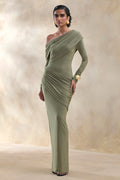 Rosirene | Olive Asymmetric-Neck Maxi Dress With Draped-Detailing