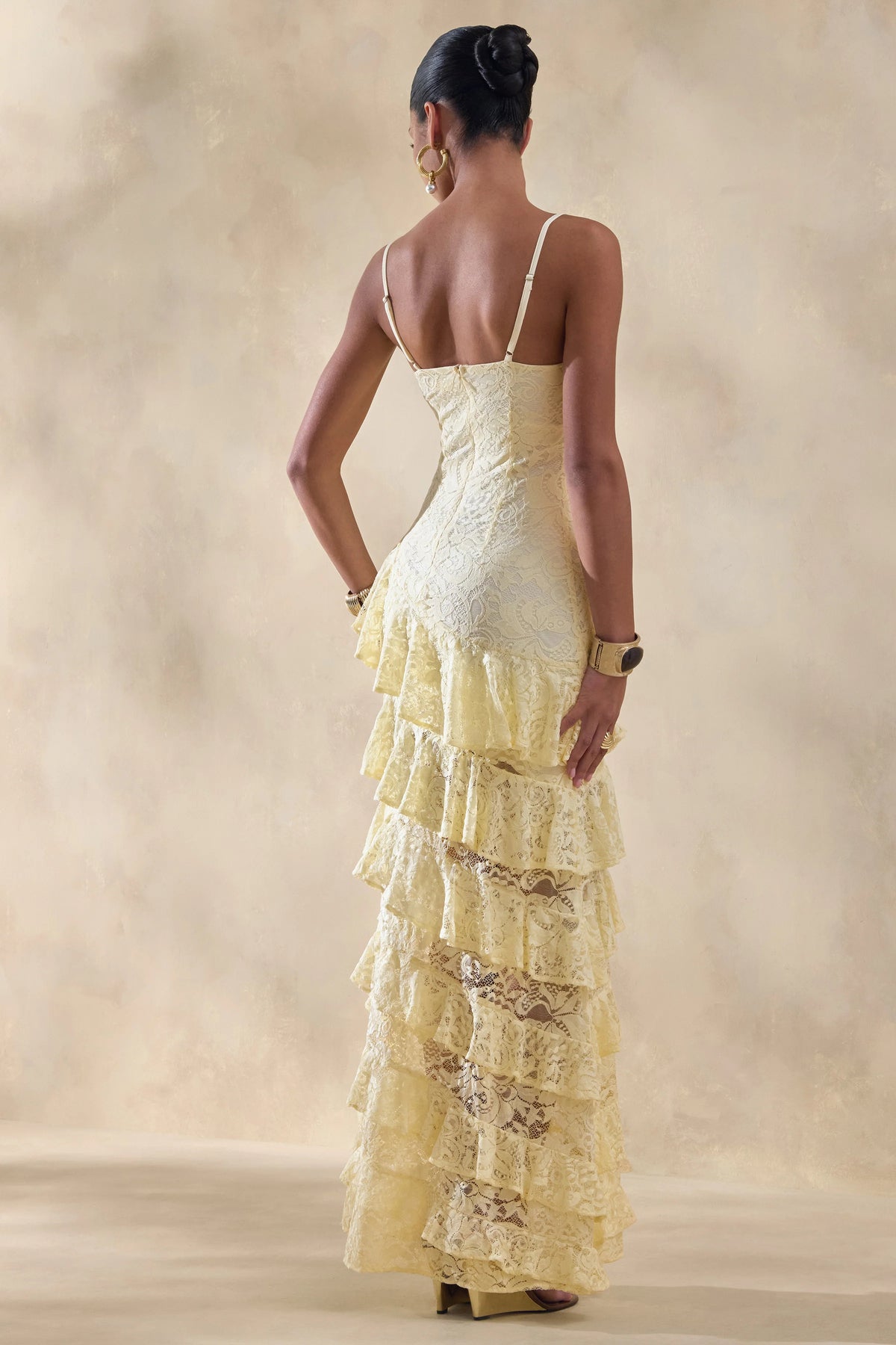 Avelisse | Lemon Lace Plunge-Neck Maxi Dress With Ruffled Detailing