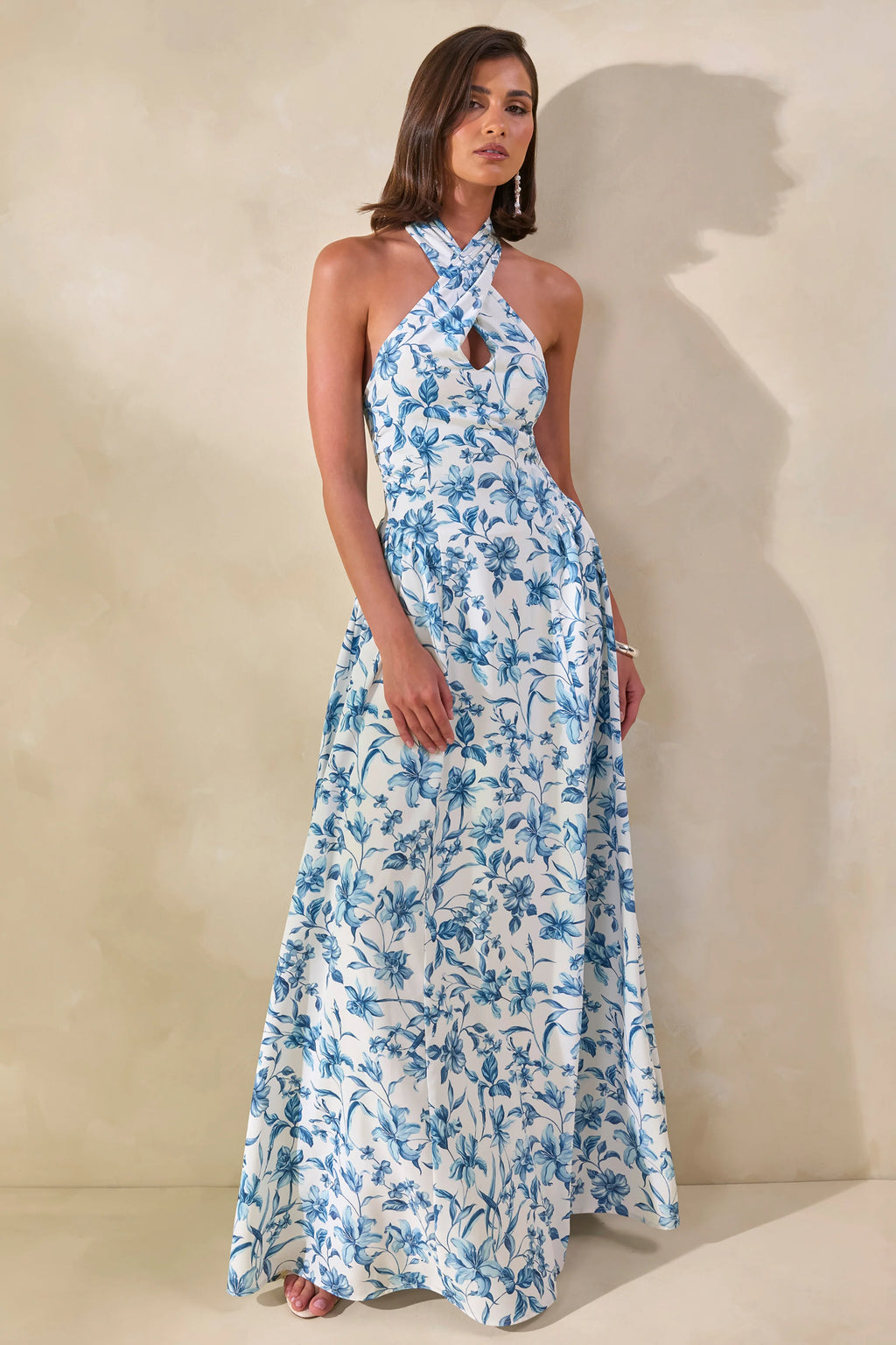 Liana | Blue Porcelain Print Halter-Neck Maxi Dress