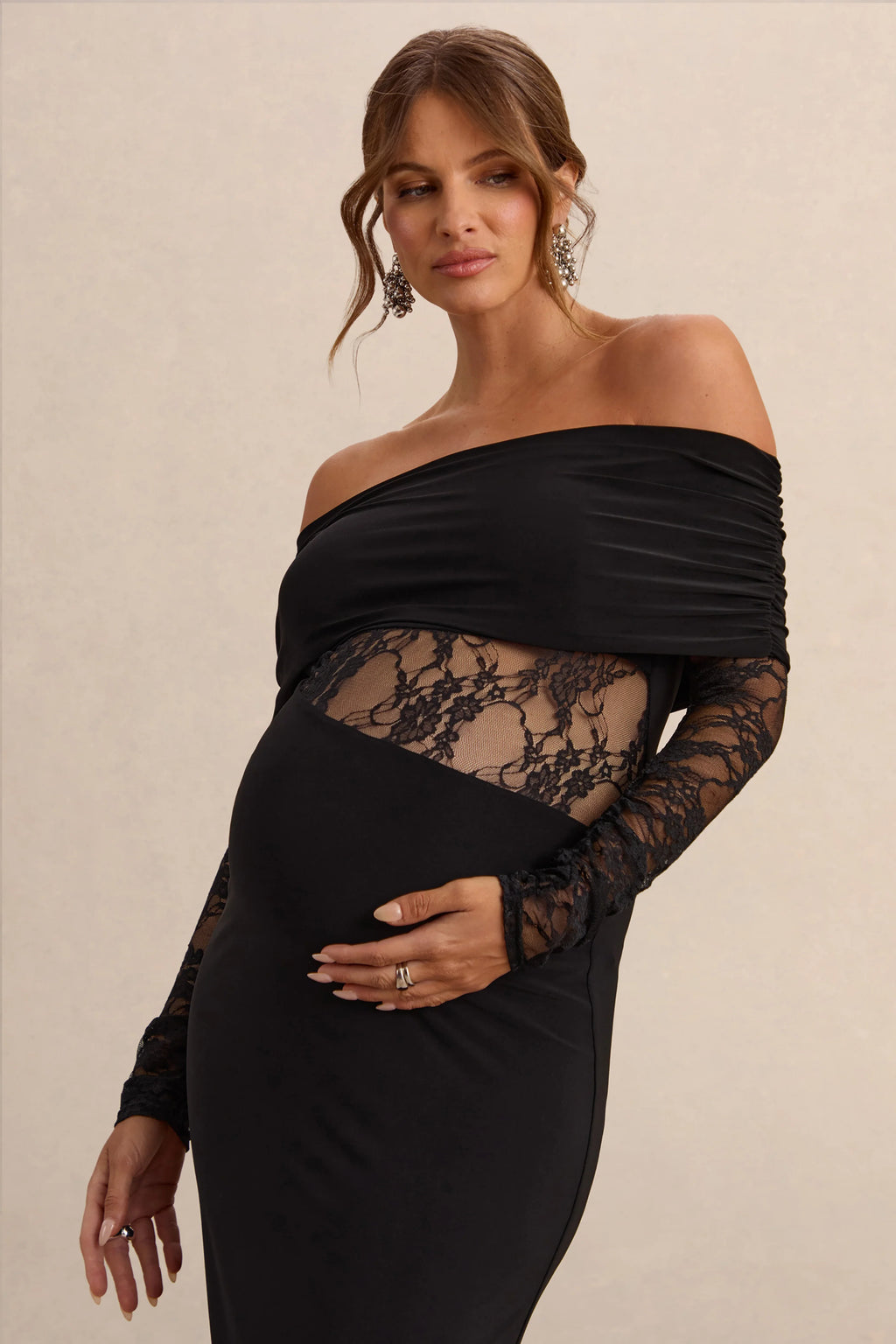 Artemisia | Black Bardot-Neck Maternity Maxi Dress With Lace Detailing