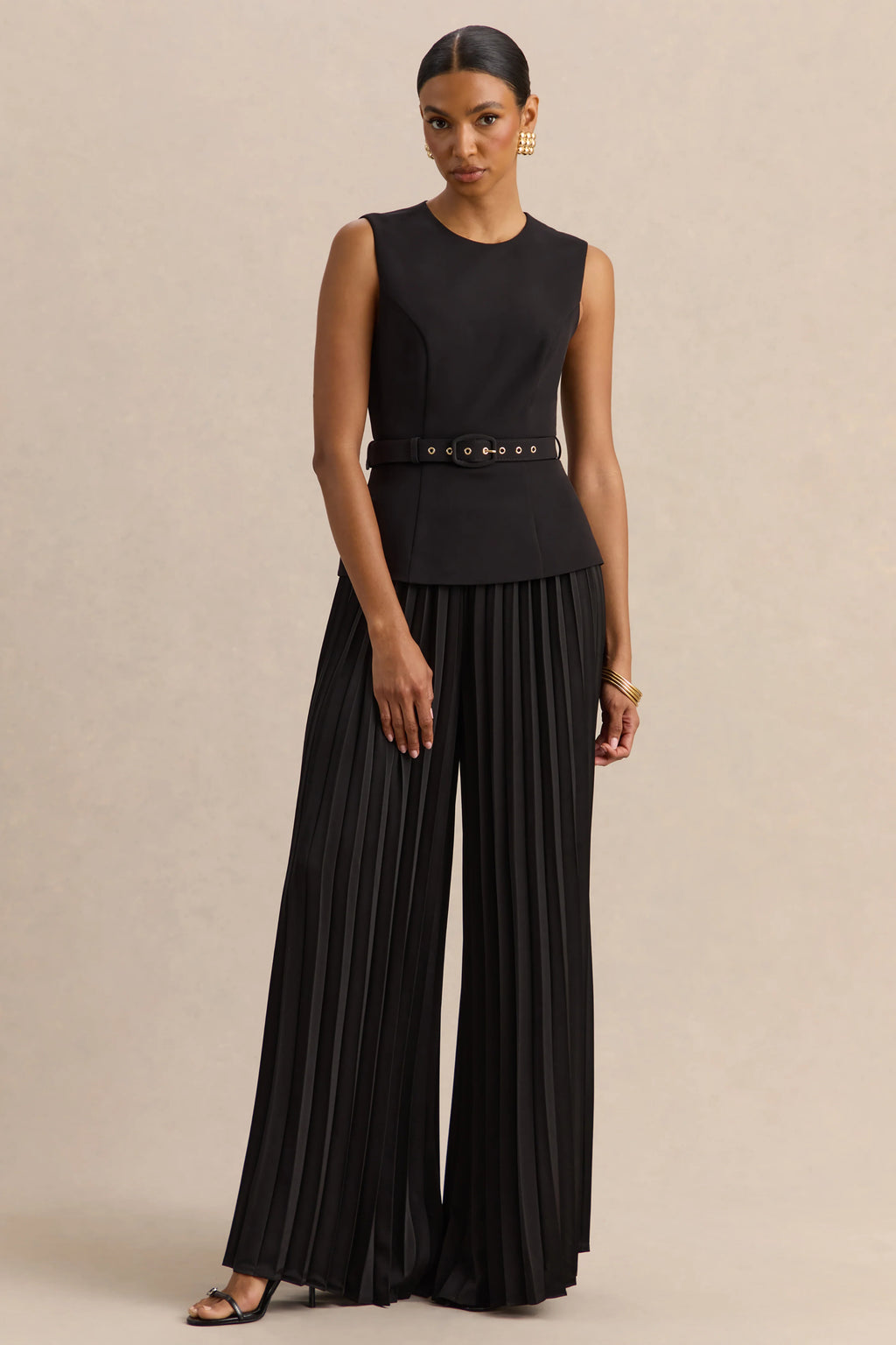Lerenza | Black Satin Wide-Leg Pleated Trousers