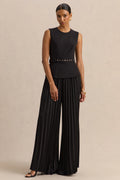 Lerenza | Black Satin Wide-Leg Pleated Trousers
