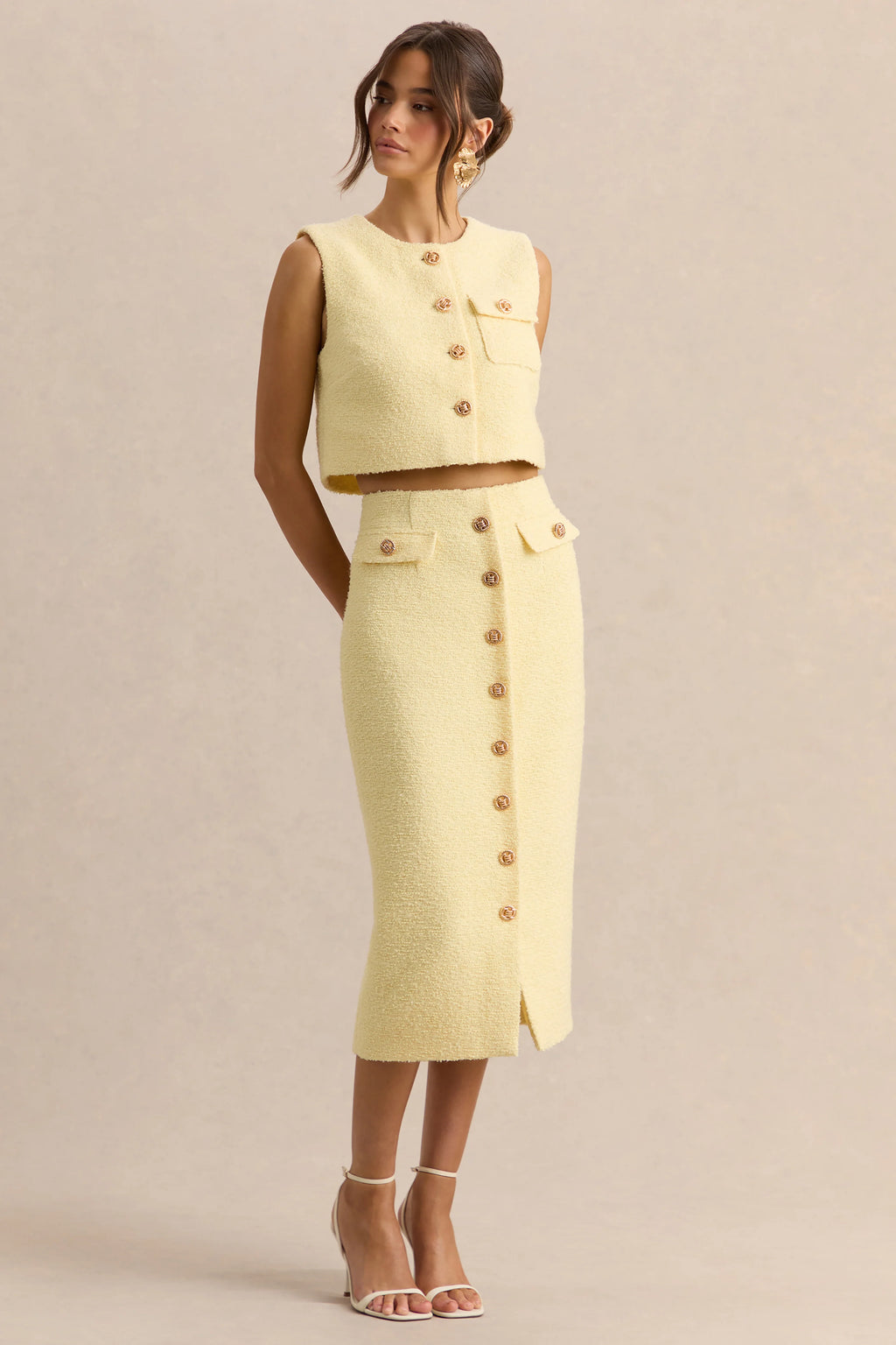 Glyra | Lemon Tailored Midi-Skirt With Button-Detailing