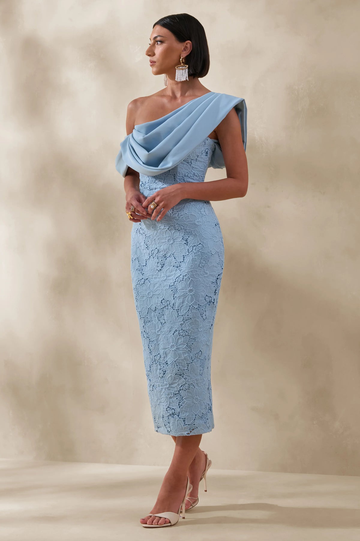 Loria | Powder Blue Lace Asymmetric-Neck Midi Dress With Draped Detailing