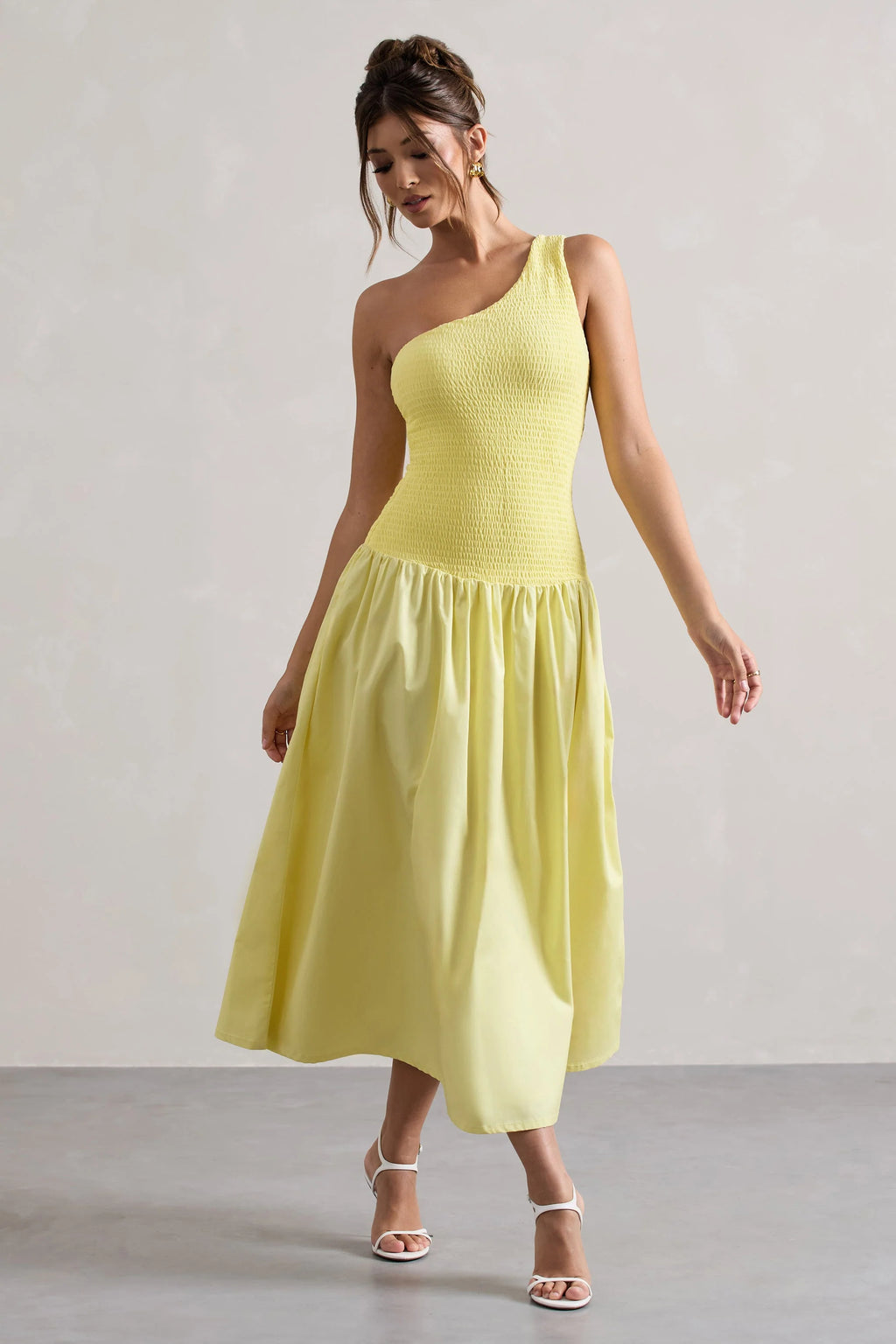 Sorbet | Lemon Poplin One Shoulder Pleated Maxi Dress