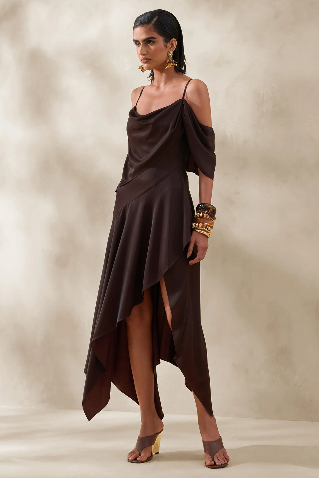 Helira | Brown Asymmetric Midi Dress With Draping Detailing and Open-Back
