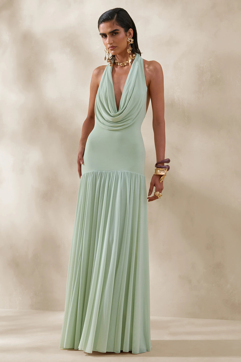 Verity | Green Cowl-Neck Maxi Dress With Sheer-Skirt