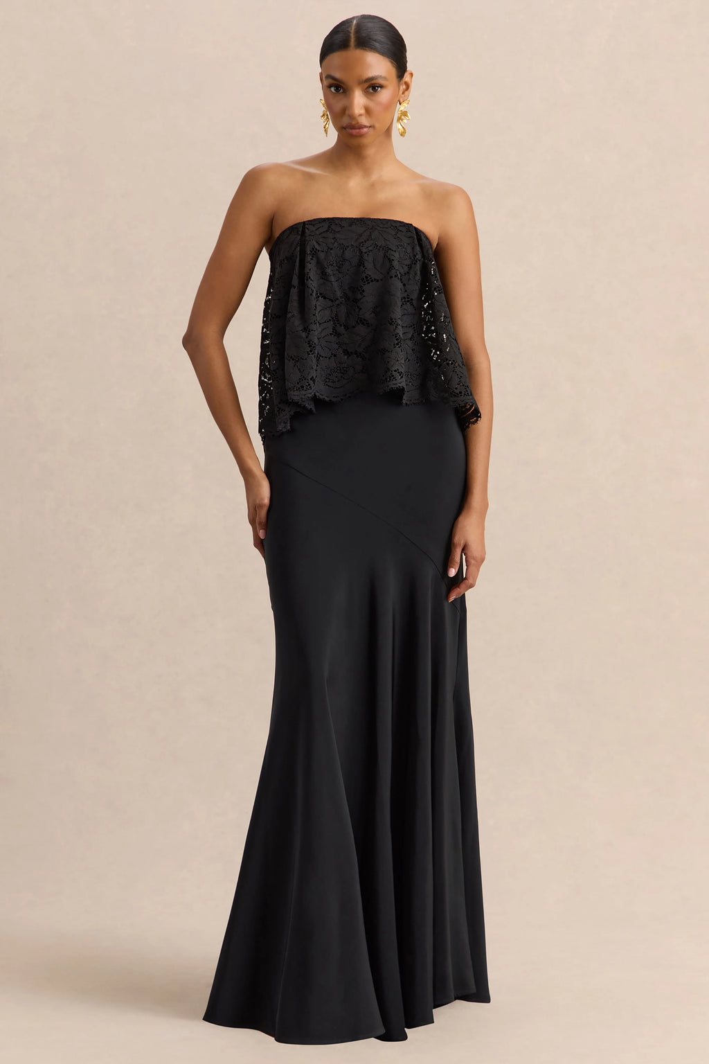 Clemency | Black Lace And Matte Satin Bandeau Maxi Dress