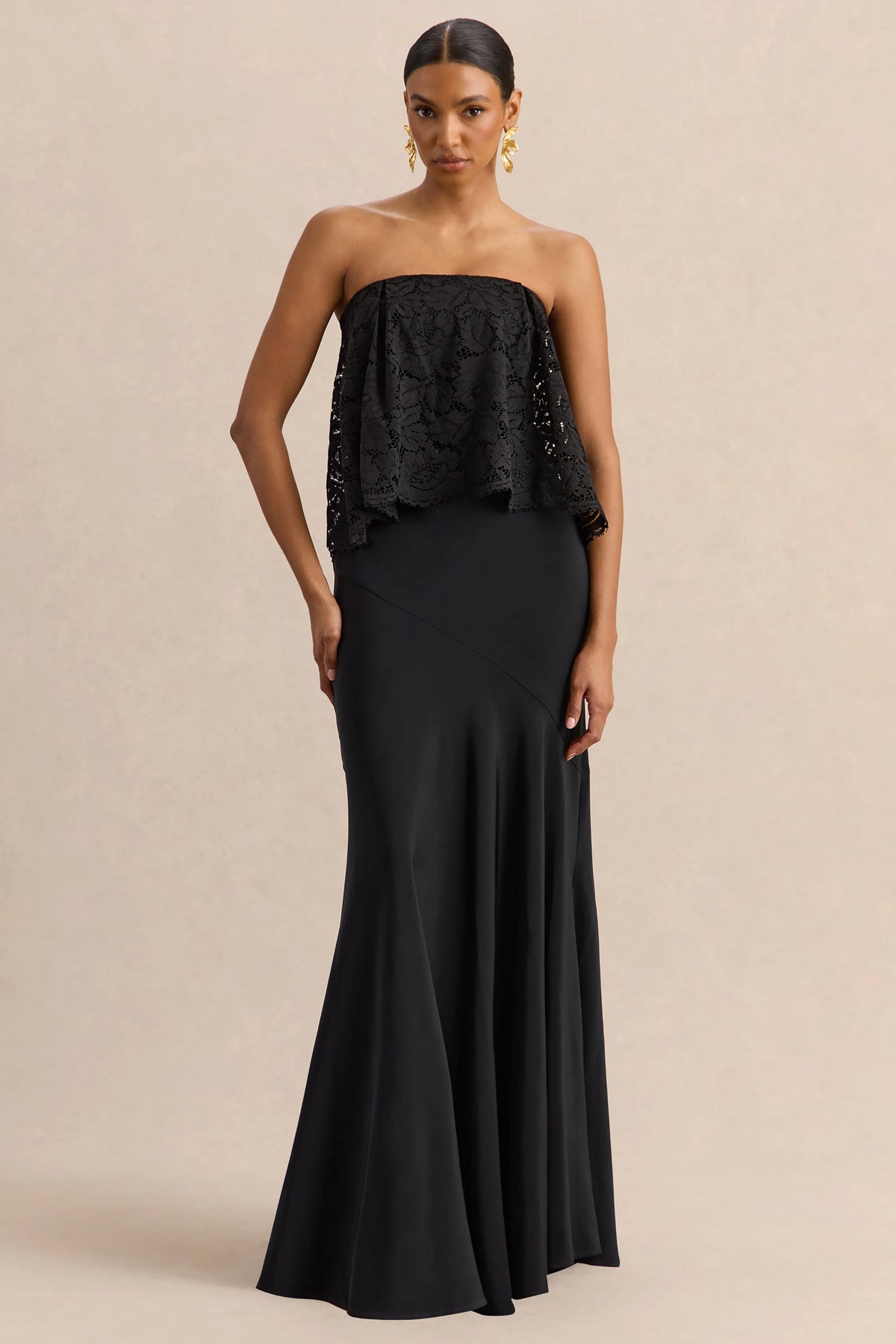 Clemency | Black Lace And Matte Satin Bandeau Maxi Dress