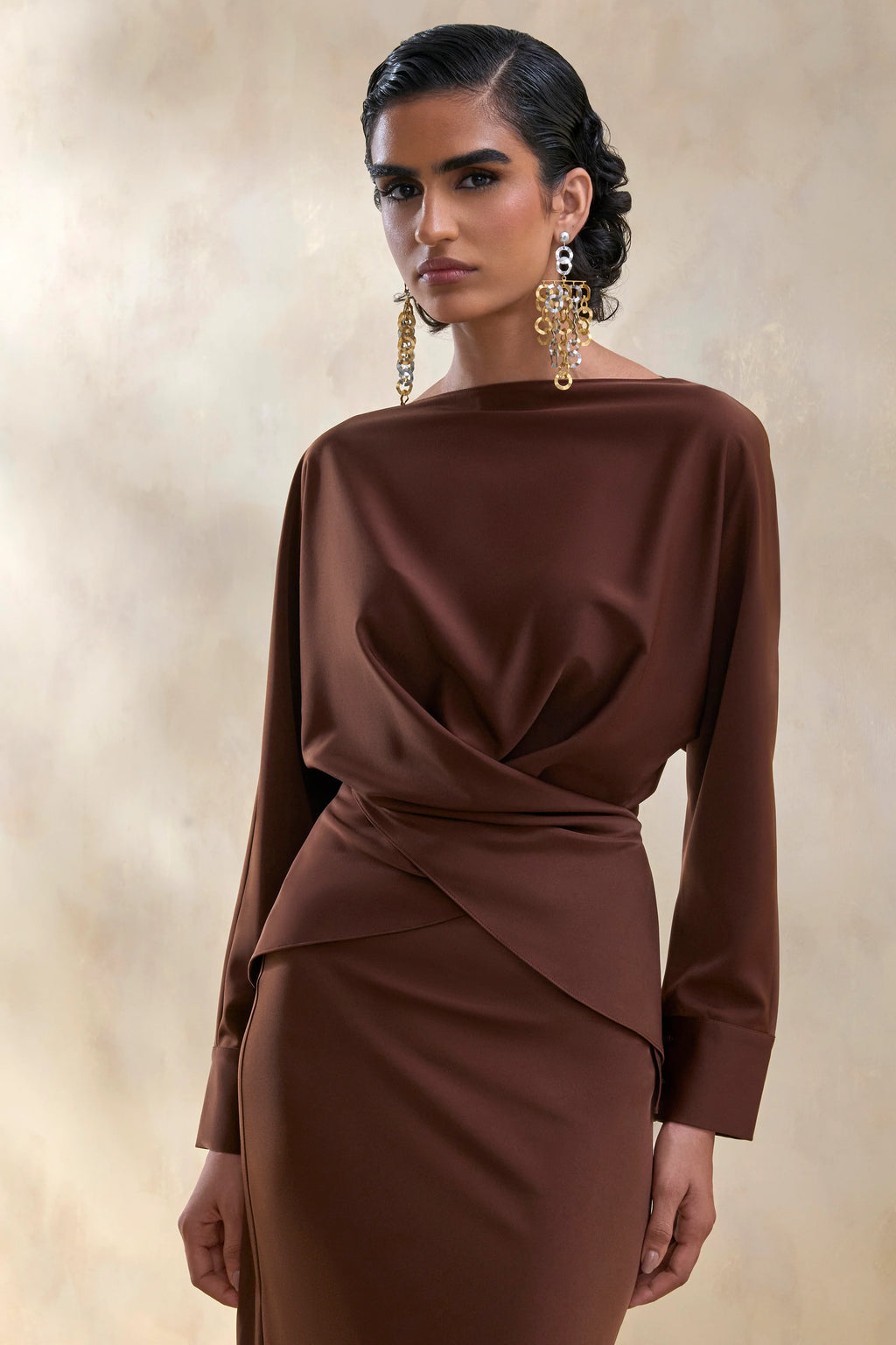 Miravia | Brown Satin Wide-Neck Long-Sleeve Top