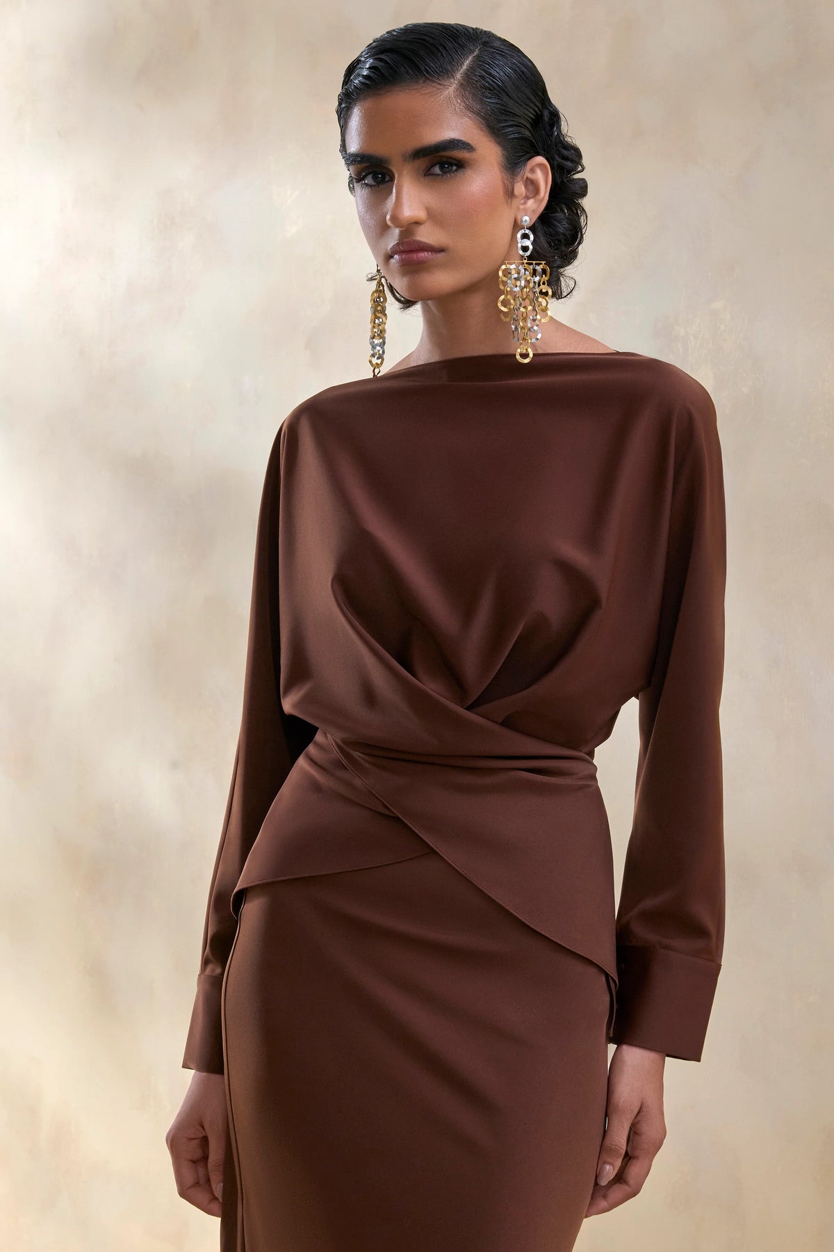 Miravia | Brown Satin Wide-Neck Long-Sleeve Top