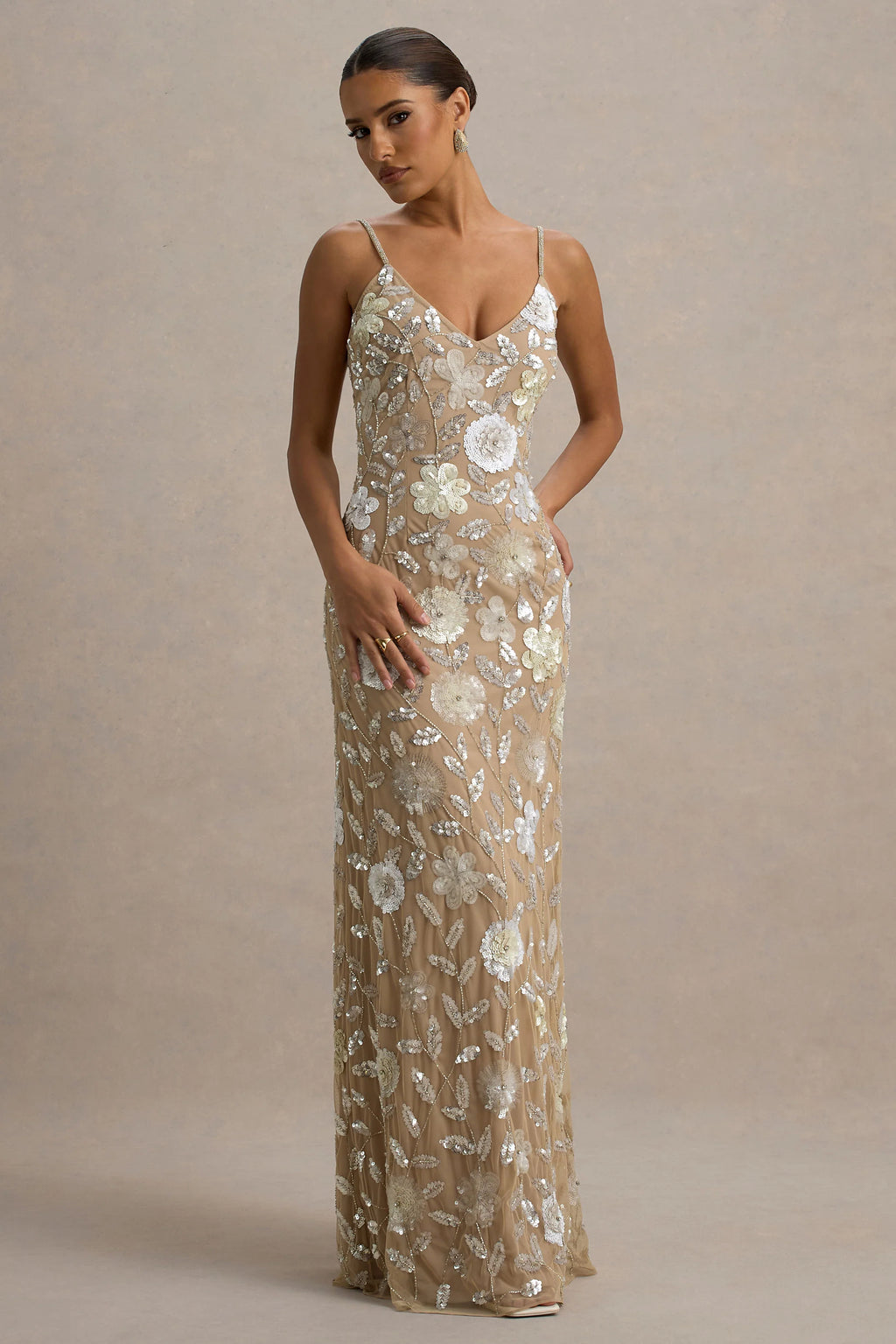 Gemini | Floral Sequin Hand-Embellished Strappy Maxi Dress