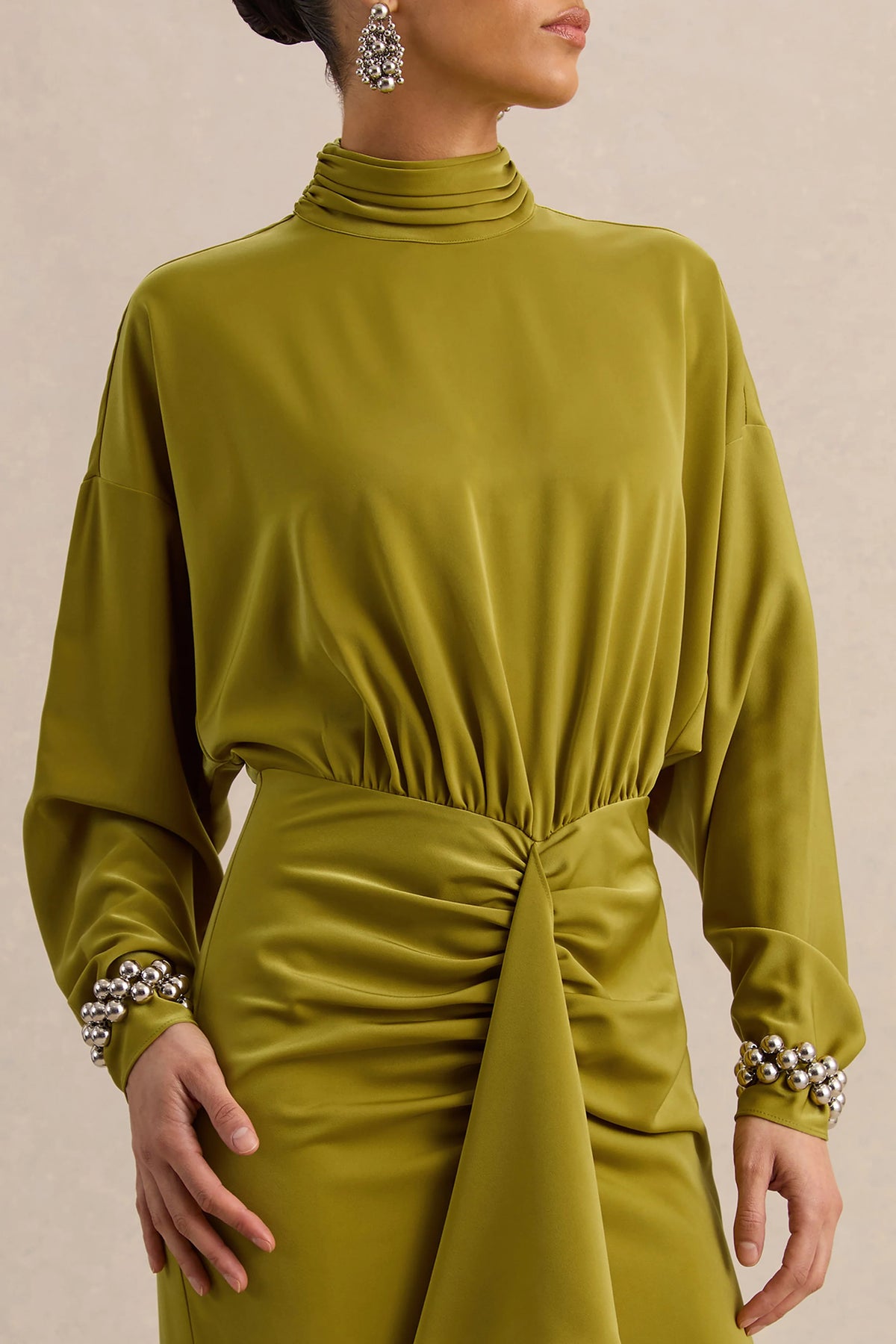 Perla | Olive High-Neck Maxi Dress With Gathered-Detailing
