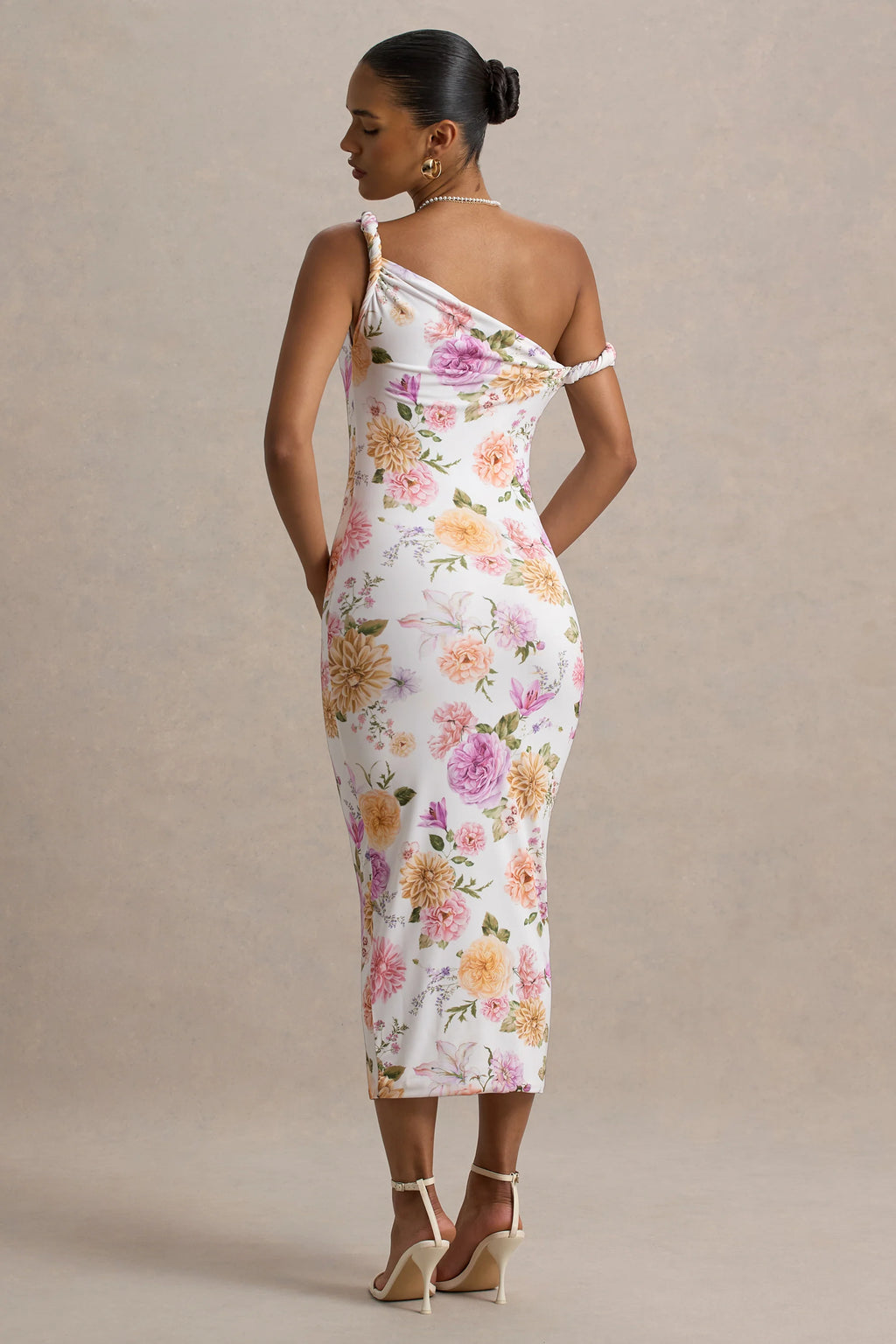 Nora | Peach And Lilac Floral Twisted Asymmetric Midi Dress