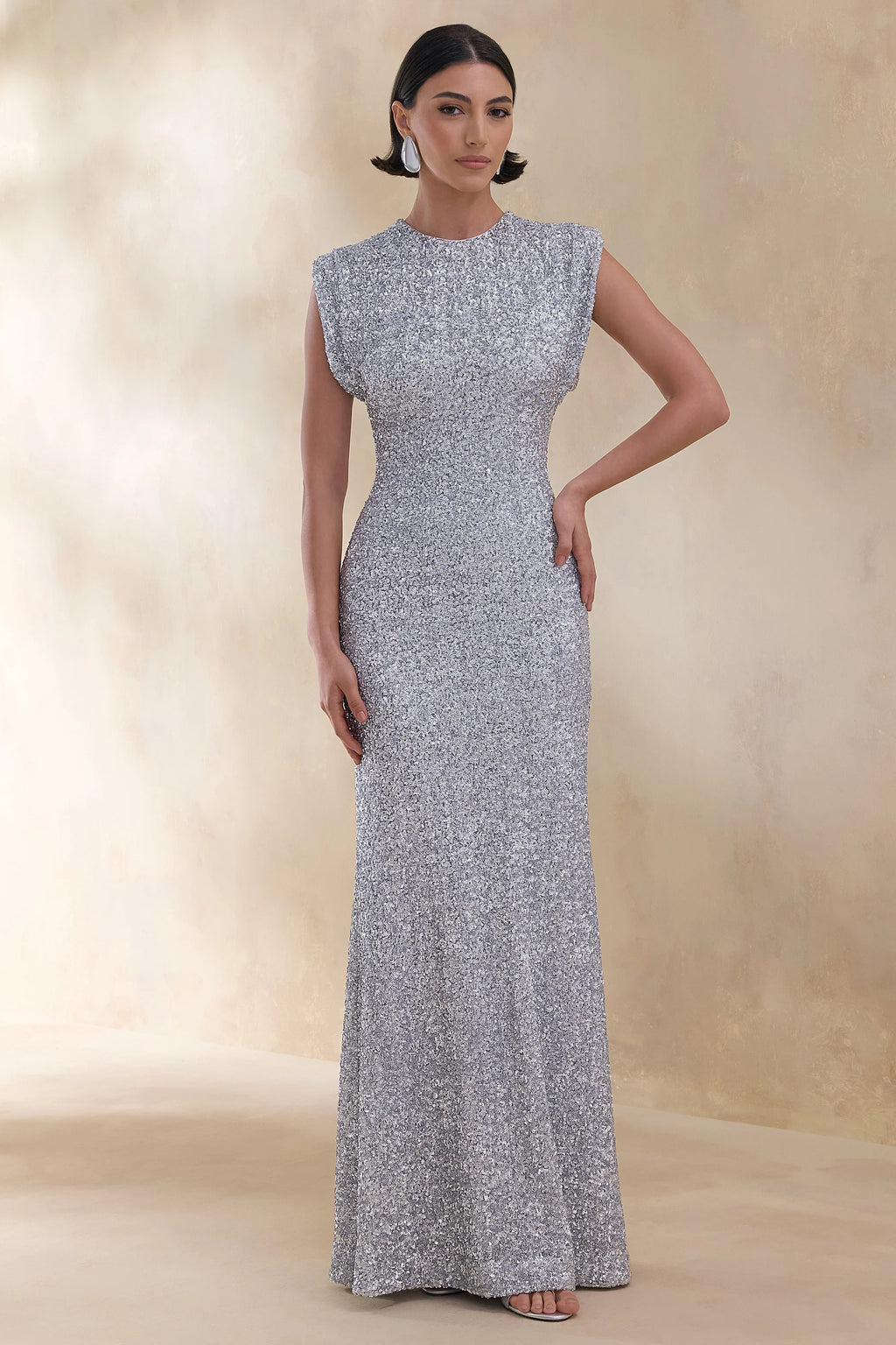 Aurah | Silver Sequin Crew-Neck Maxi Dress With Cap Sleeves