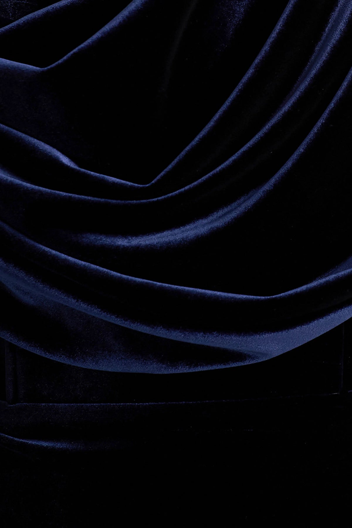 High End | Navy Velvet Asymmetric-Neck Midi Dress With Draped Detailing