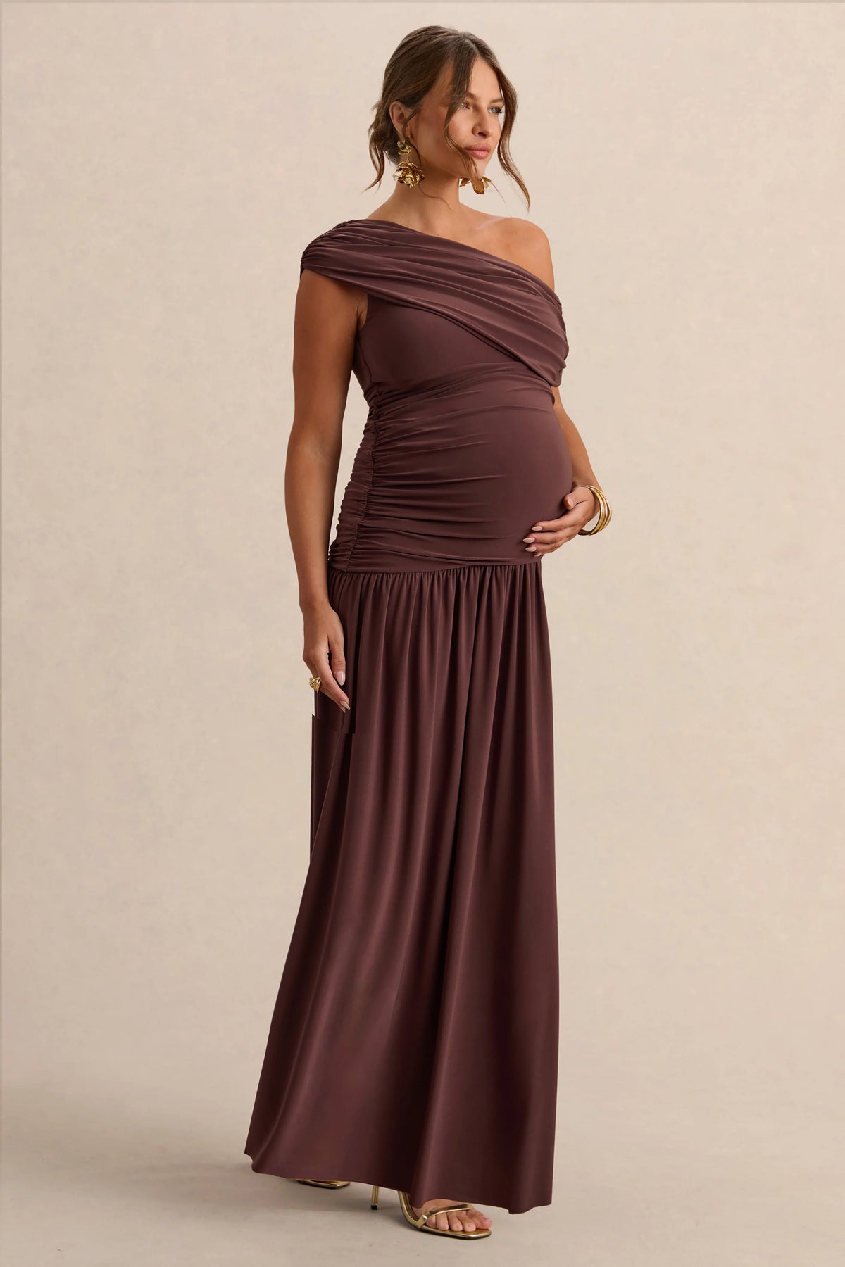 Marjorie | Dark Brown Asymmetric-Neck Maternity Maxi Dress