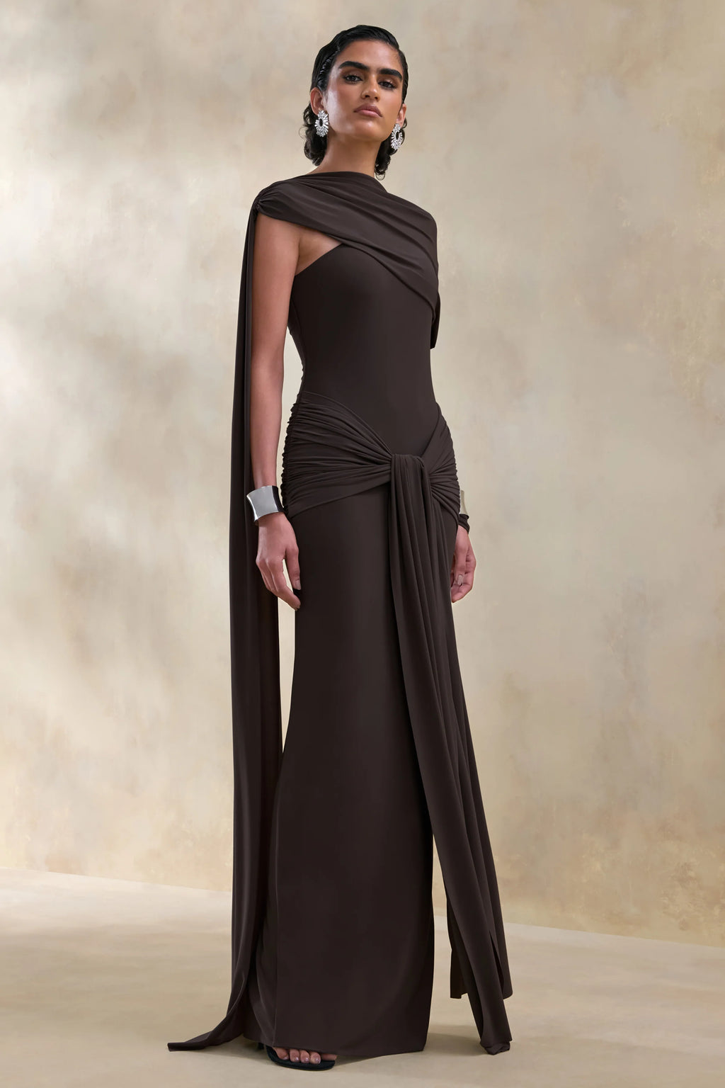Trisara | Brown Asymmetric-Neck Maxi Dress With Gathered-Detailing And Sash