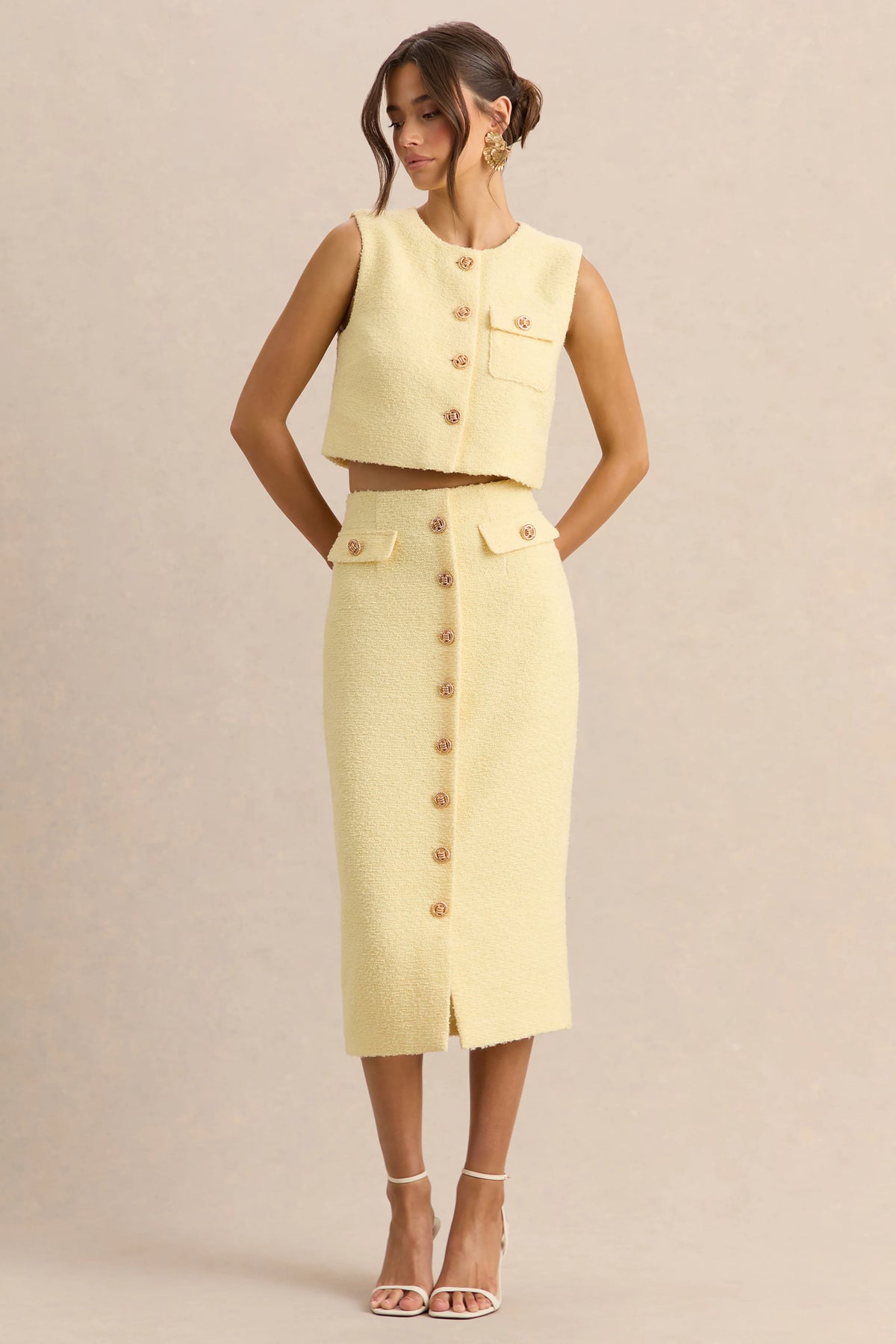 Glyra | Lemon Tailored Midi-Skirt With Button-Detailing