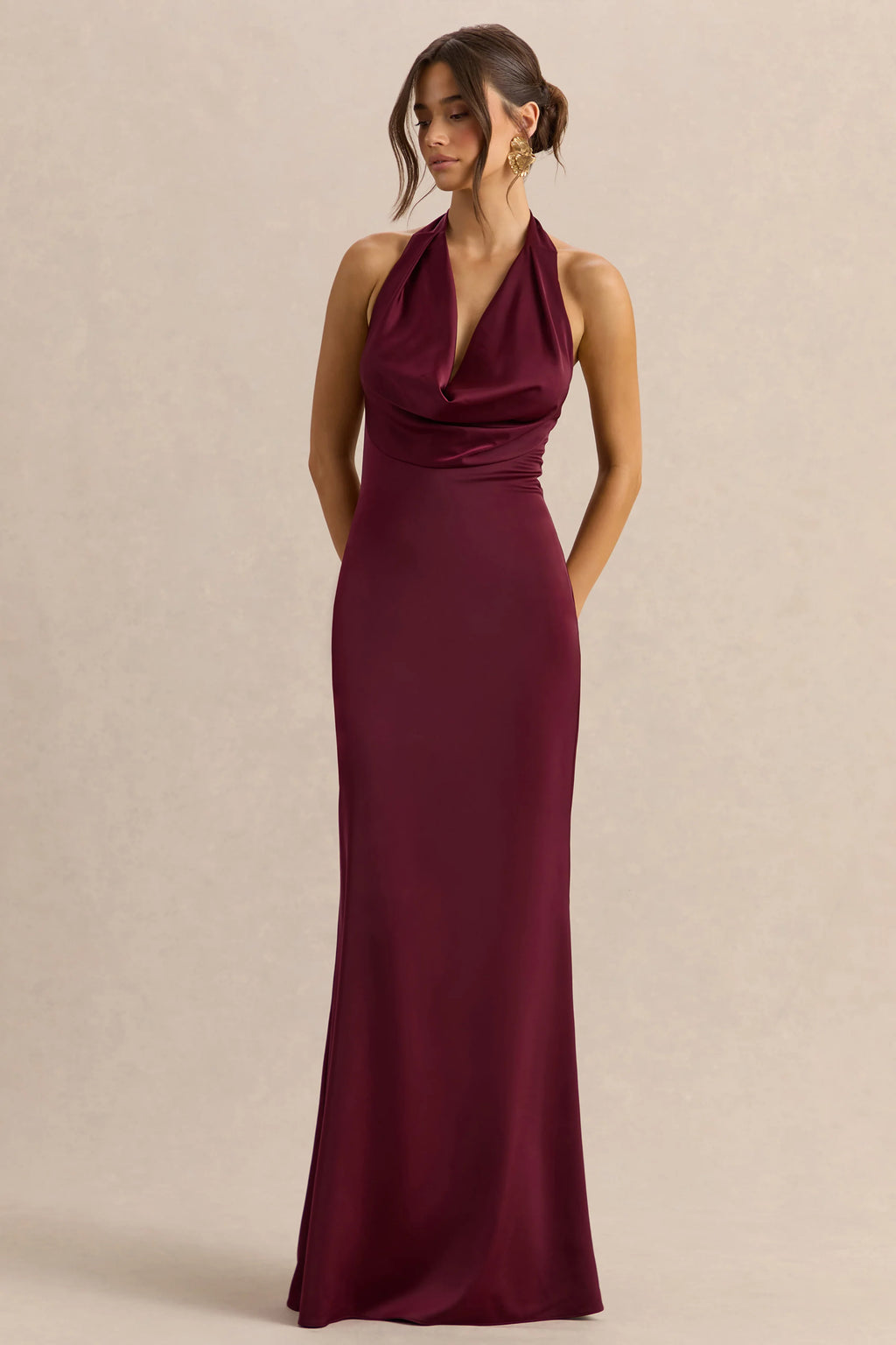 Aralisse | Burgundy Satin Cowl-Neck Maxi Dress