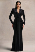 Halima | Black Velvet Plunge-Neck Maxi Dress With Gathered Detailing