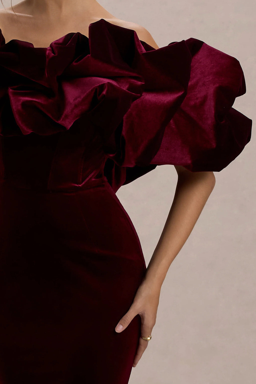 Cecily | Port Velvet Bardot Maxi Dress With Velvet Ruffle Trim