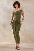 Angelique | Olive Green Twisted Asymmetric Maxi Dress