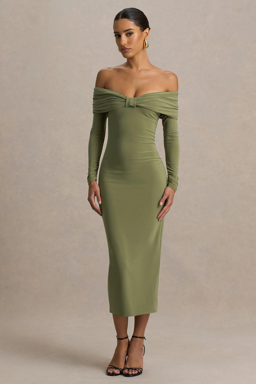 Spark | Olive Bardot-Neck Midi Dress With Bow Detail