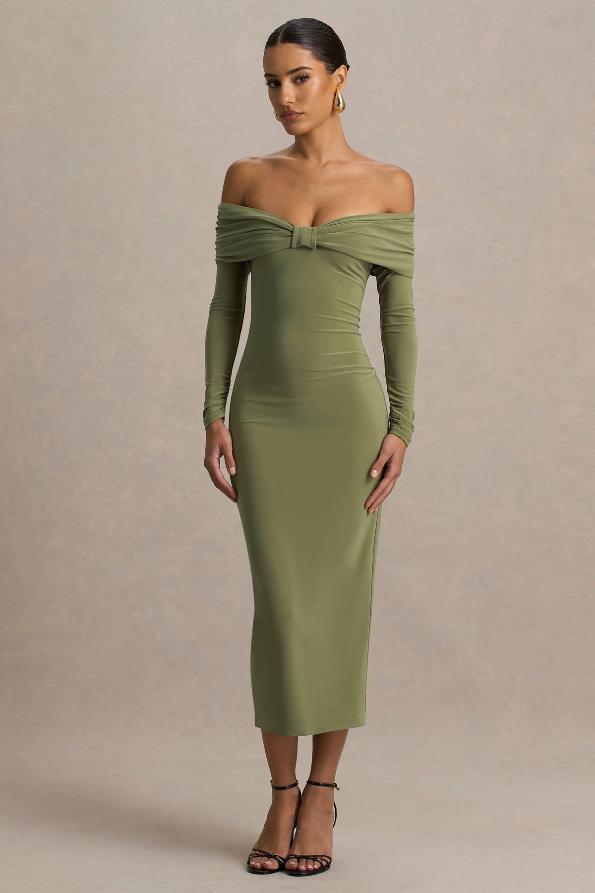 Spark | Olive Bardot-Neck Midi Dress With Bow Detail