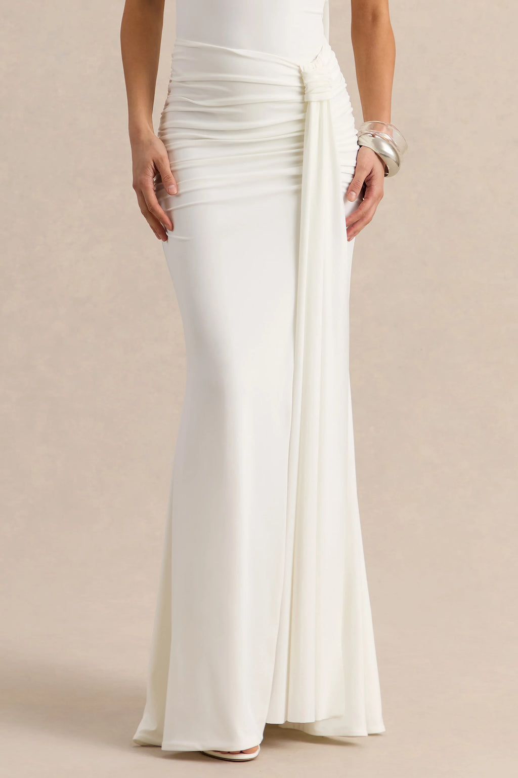 Eowyn | White Ruched Maxi Skirt With Front Split