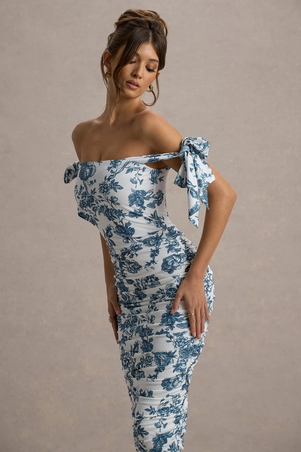 Citrus | Blue Porcelain Print Bardot Bodycon Midi Dress With Bow Sleeves