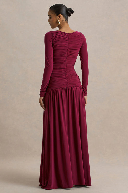 Aniyah | Burgundy Slashed-Neck Maxi Dress With Ruched Detailing