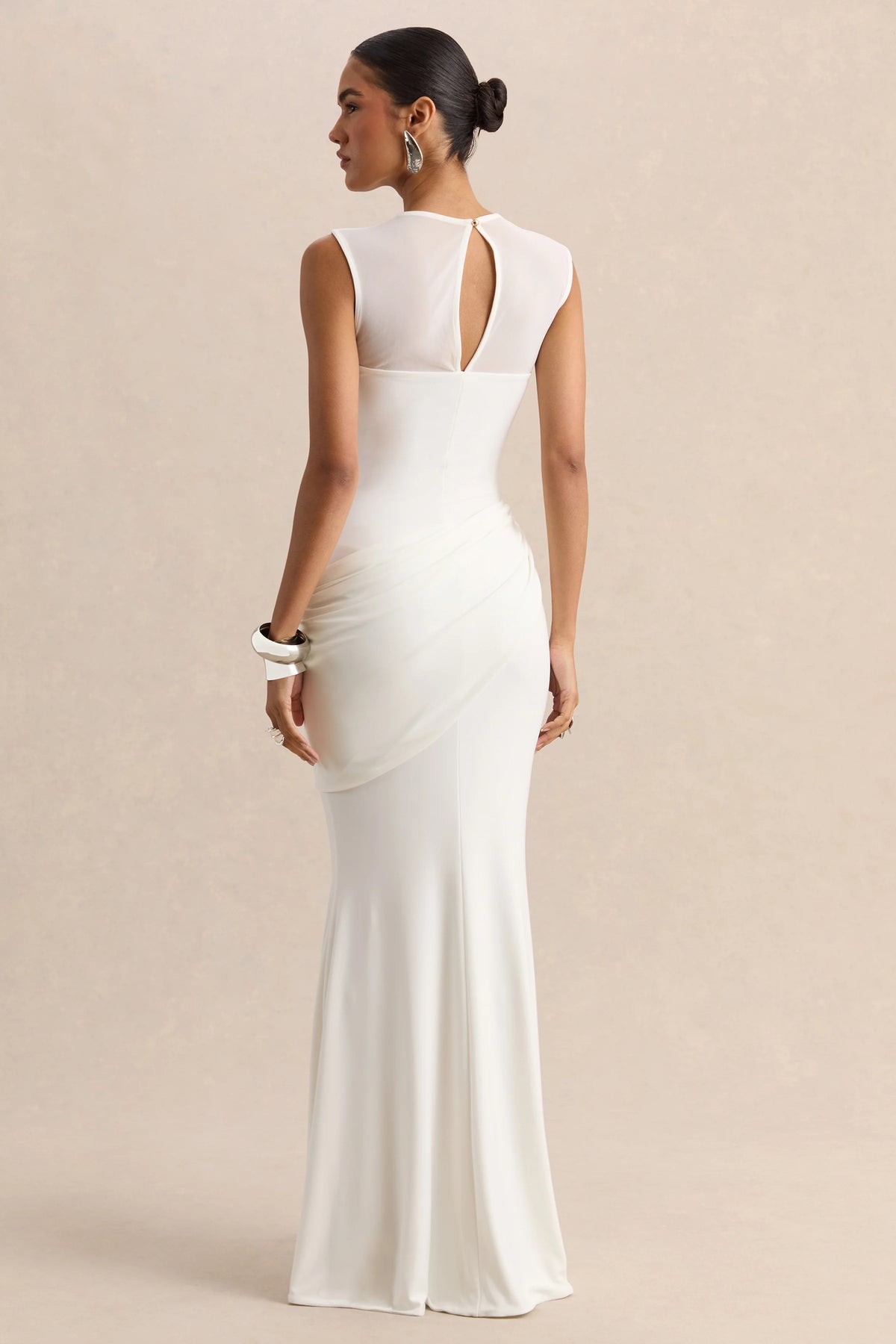 Lyssy | White High-Neck Maxi Dress With Mesh-Detail