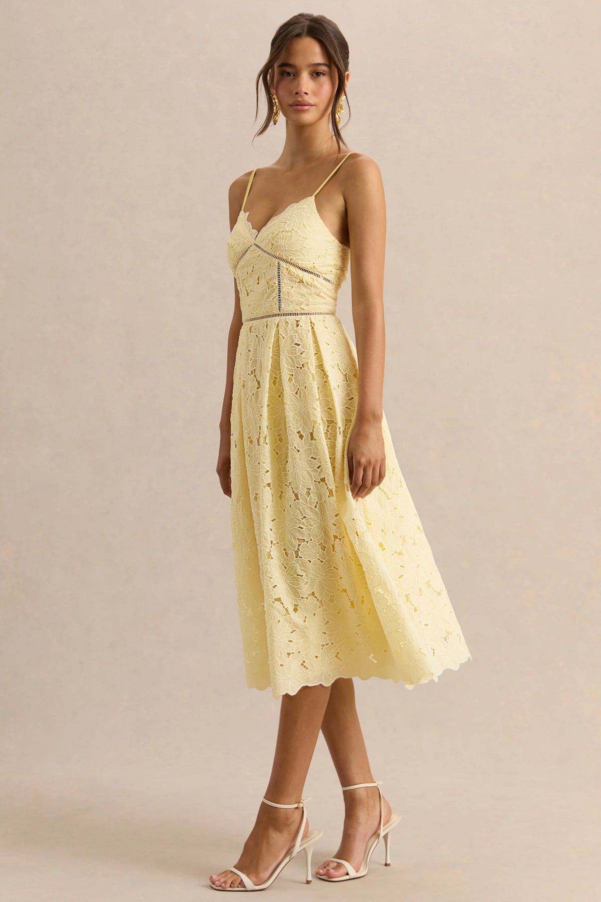 Nicoline | Lemon Lace Sweetheart Midi Dress With Cami Straps