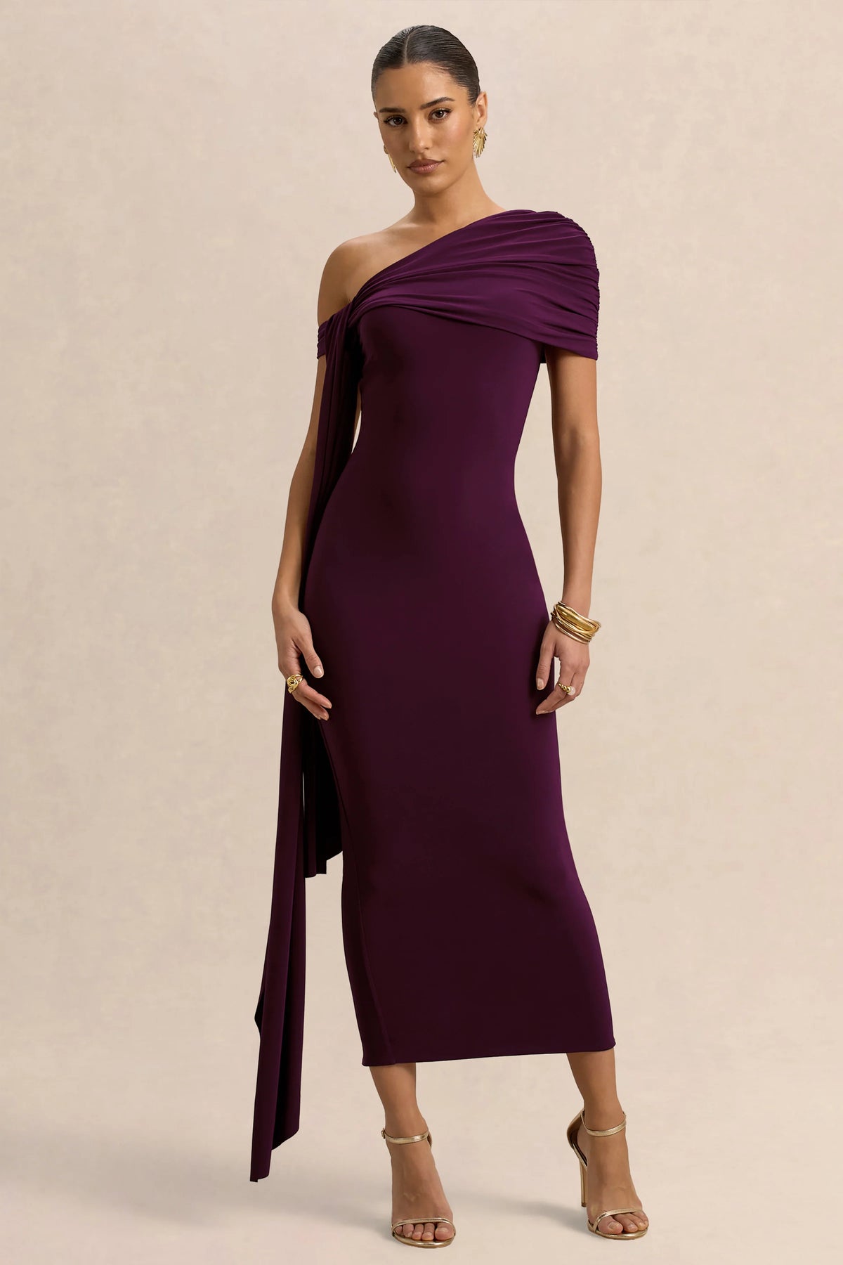 Praia | Plum Asymmetric-Neck Midi Dress With Sash and Draped Detailing