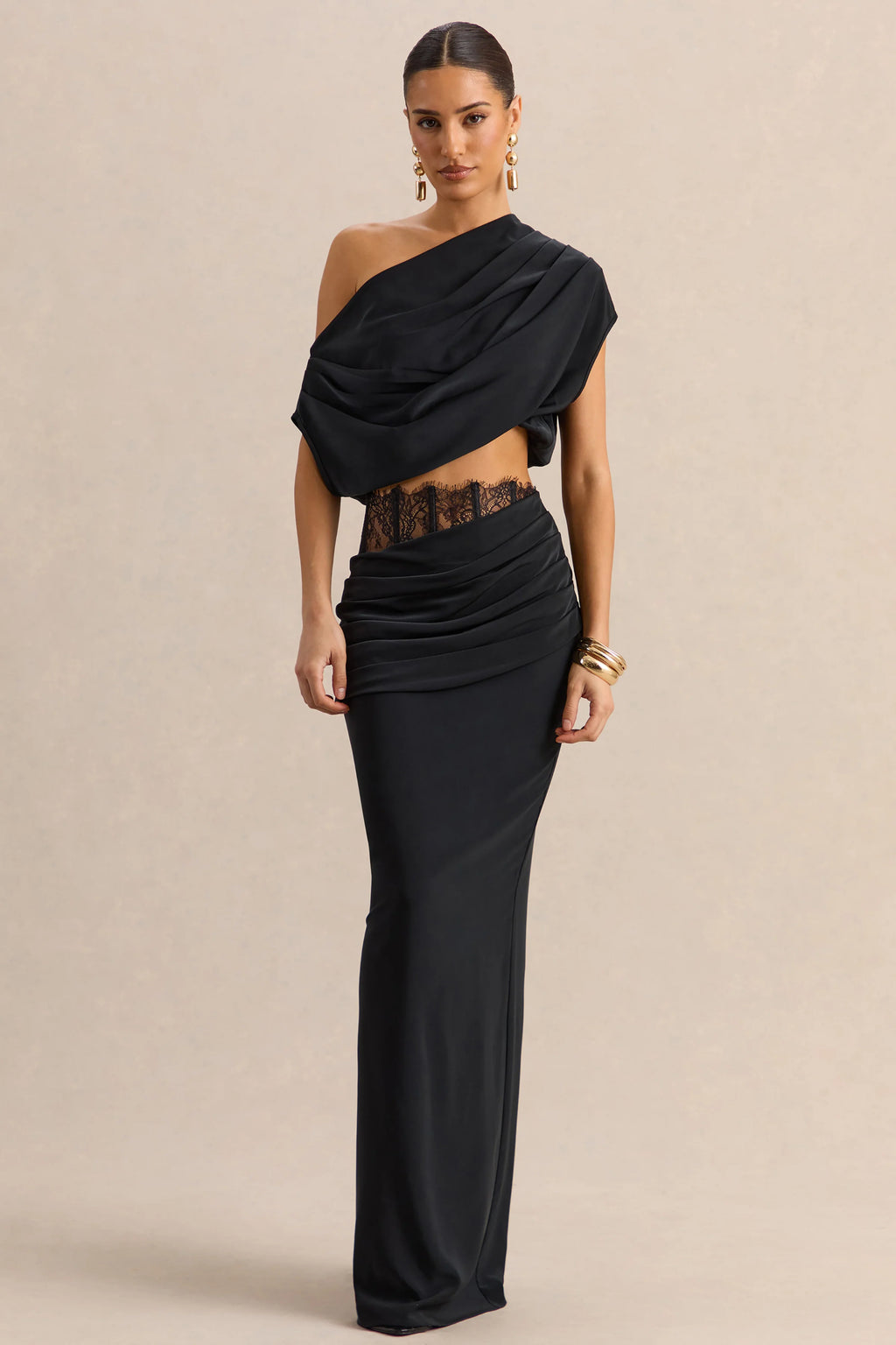 Silora | Black Satin Maxi Skirt With Lace-Detail