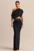 Silora | Black Satin Maxi Skirt With Lace-Detail